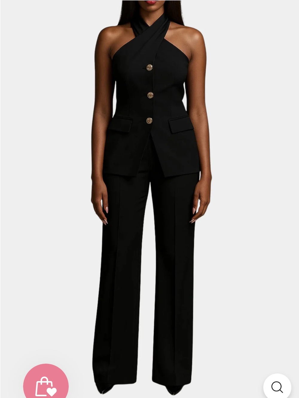 Black Halter Button-Tailored Pantsuit (both top and bottom)